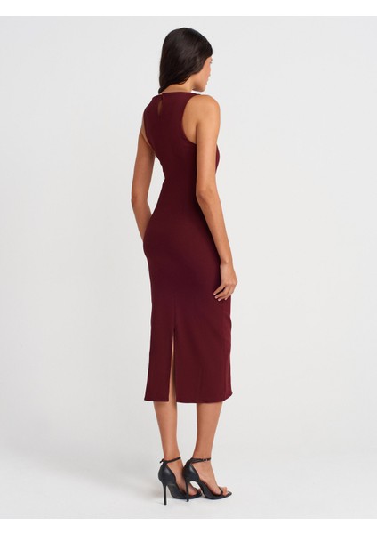 91099 Vücuda Oturan Midi Elbise-Bordo