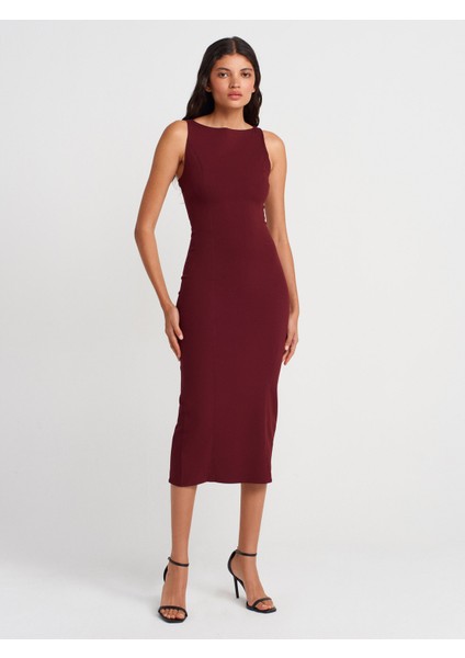 91099 Vücuda Oturan Midi Elbise-Bordo