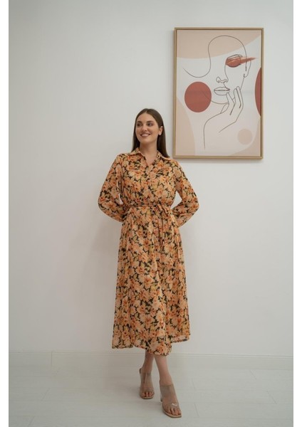 Desenli Kuşaklı Şifon Elbise