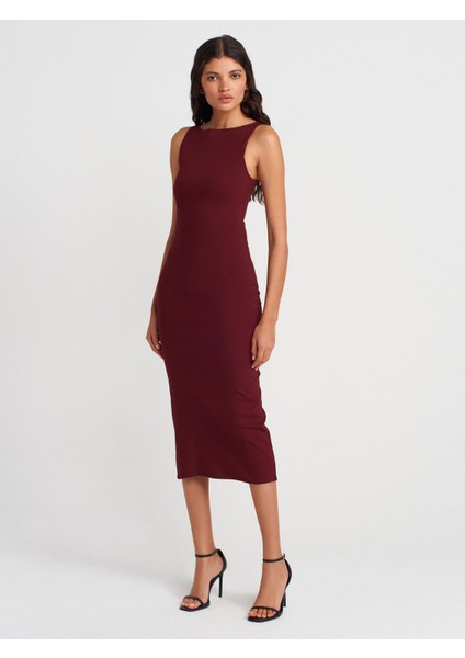 91099 Vücuda Oturan Midi Elbise-Bordo