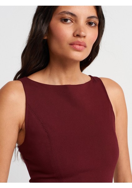 91099 Vücuda Oturan Midi Elbise-Bordo modelleri