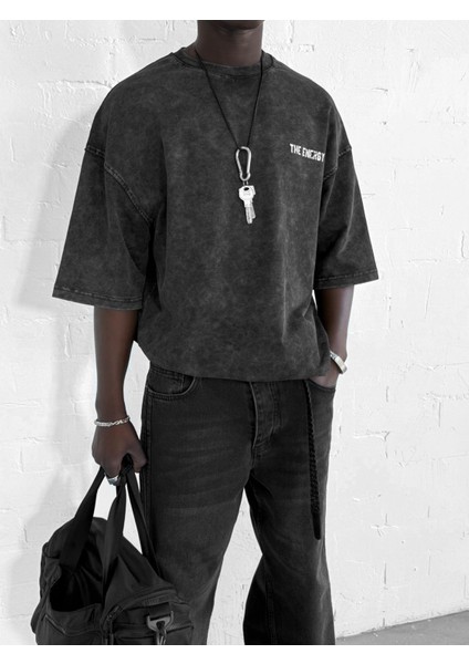 Erkek Eskitme Efektli Yıkamalı Baskılı Oversize T-Shirt Siyah fiyatları