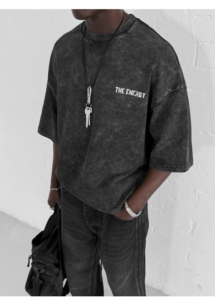 Erkek Eskitme Efektli Yıkamalı Baskılı Oversize T-Shirt Siyah modelleri