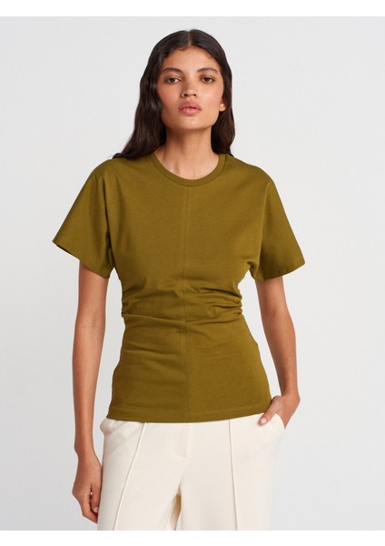 31585 Drape Detaylı T-Shirt-Koyu Yeşil