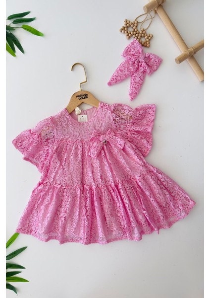 Dantel Fiyonk Detaylı Kız Çocuk elbise - Pembe