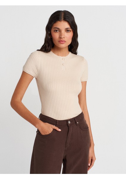 10756 Bisiklet Yaka Düğmeli Triko Bluz-Taş