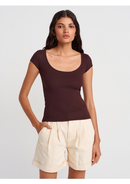 31807 Bisiklet Yaka Fitilli T-Shirt-Kahve