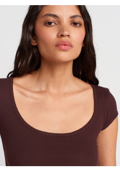 31807 Bisiklet Yaka Fitilli T-Shirt-Kahve modelleri