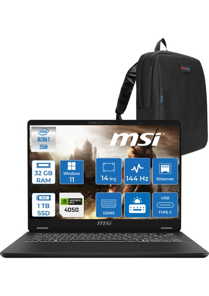 Msı Prestıgepro 14 Aı WC2HVEG Intel Core Ultra 7-255H Aı 32GB Ddr5 1tb SSD RTX4050/6GB 14" Full Hd+ 144Hz Ips-Level WIN11 Home Gaming Laptop Z076TRH08+ZETTAÇANTA