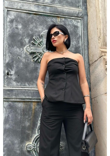 Siyah Straplez Düğmeli Crop ve Pantolon Takım