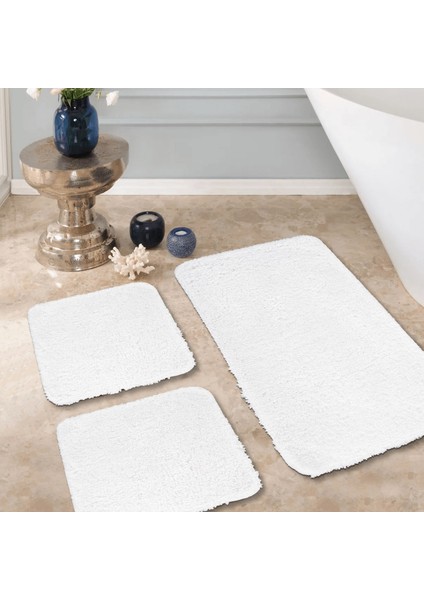 Doğal Kaymaz Taban Yıkanabilir Sheepline Beyaz 3’lü Banyo Halı Paspası 1 Adet 60X100 + 2 Adet 60X50