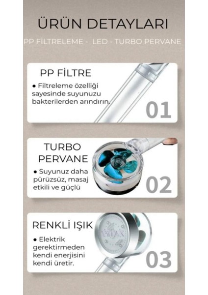 LED Işıklı Pervaneli Su Tasarruflu Yüksek Basınç Özellikli Kireç Önleyici Duş Başlığı