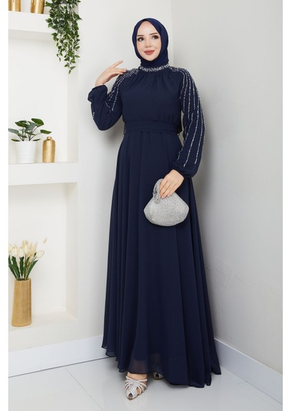 Kadın Kolu Taşlı Astarlı Şifon Elbise -PMK419