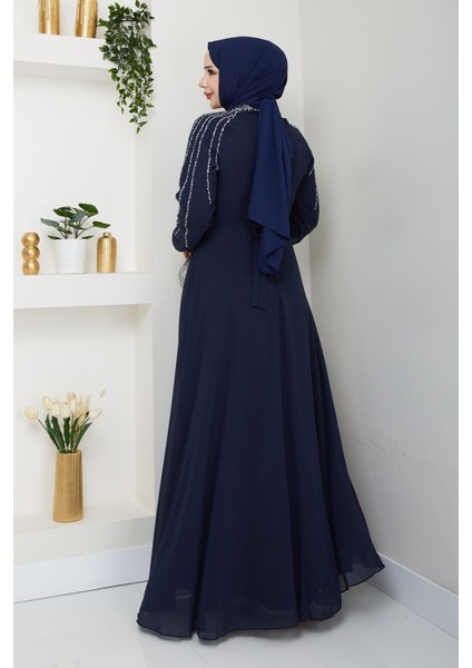 Kadın Kolu Taşlı Astarlı Şifon Elbise -PMK419