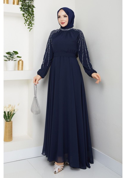 Kadın Kolu Taşlı Astarlı Şifon Elbise -PMK419