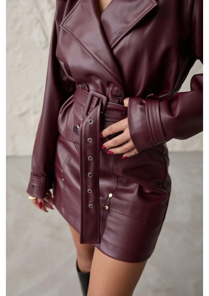 Bordo Kemerli Mini Deri Etek