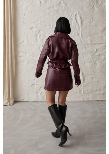 Bordo Kemerli Mini Deri Etek
