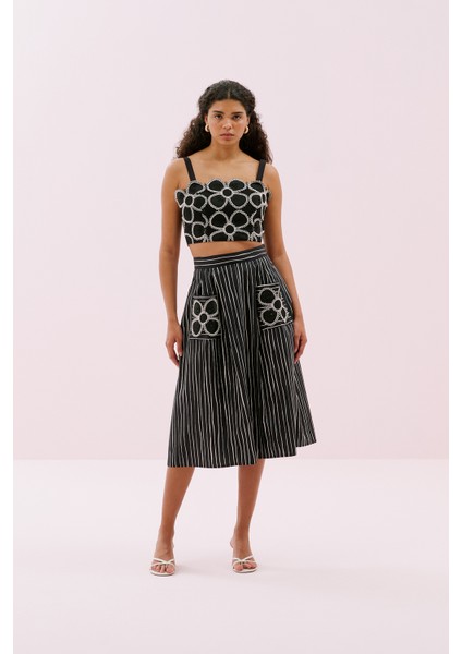 Cepleri Çiçek Motifli Çizgili Midi Boy Etek Siyah-Beyaz Y2515016_0856