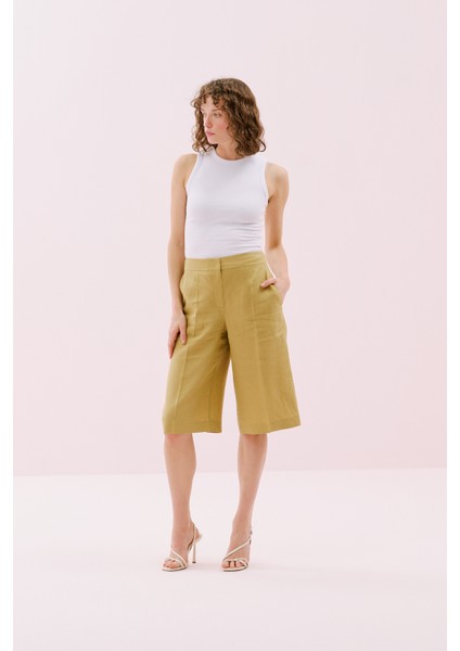 Geniş Paça Keten Bermuda Pantolon Olive Y2512044_027
