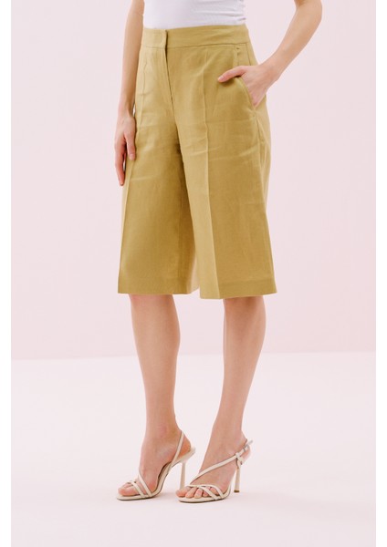 Geniş Paça Keten Bermuda Pantolon Olive Y2512044_027 fırsatları
