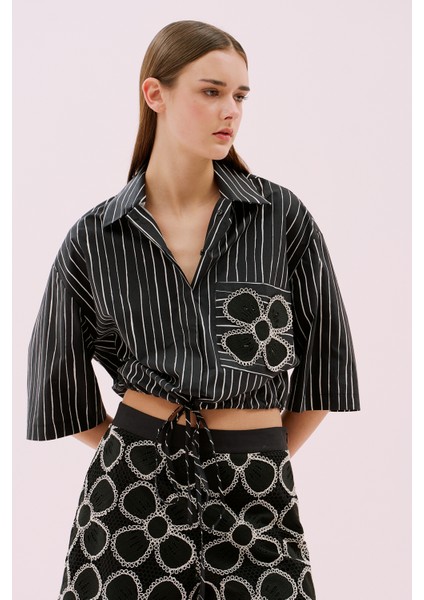 Çizgili Poplin Gömlek Siyah-Beyaz Y2513513_0856
