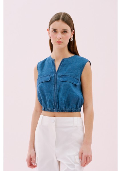 Önden Fermuarlı Beli Lastikli Keten Yelek Indigo Y2517004_043