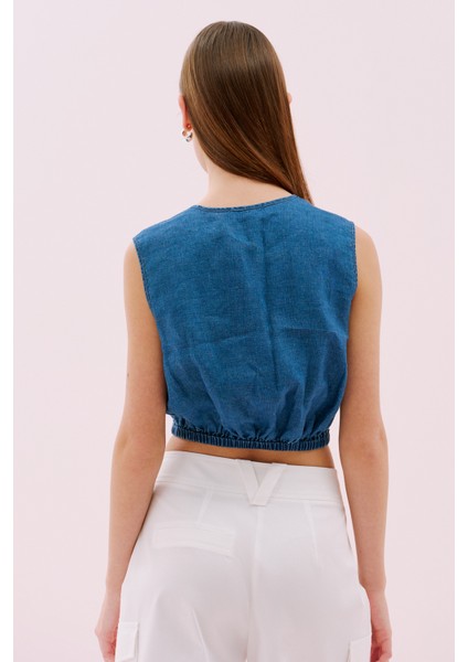 Önden Fermuarlı Beli Lastikli Keten Yelek Indigo Y2517004_043 fiyatları