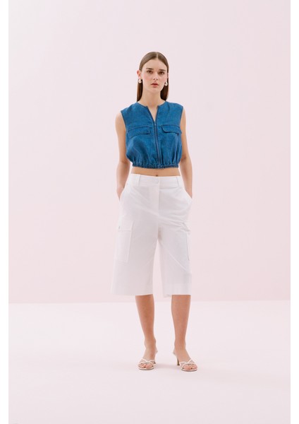 Önden Fermuarlı Beli Lastikli Keten Yelek Indigo Y2517004_043 modelleri