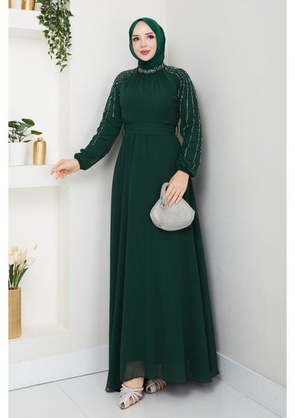 Kadın Kolu Taşlı Astarlı Şifon Elbise -PMK419