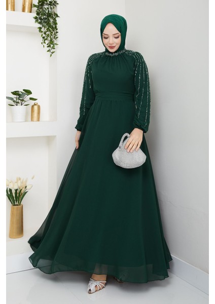 Kadın Kolu Taşlı Astarlı Şifon Elbise -PMK419 fiyatları