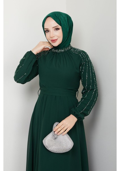 Kadın Kolu Taşlı Astarlı Şifon Elbise -PMK419 fırsatları