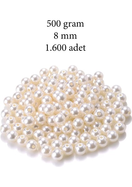 500 Gram 8mm Krem Renk Plastik Inci Boncuk Çanta ve Takı Yapım Boncuğu (~1.600 Adet)
