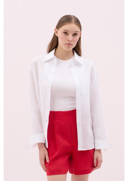 Klasik Uzun Kollu Keten Gömlek Beyaz Y2513517_002