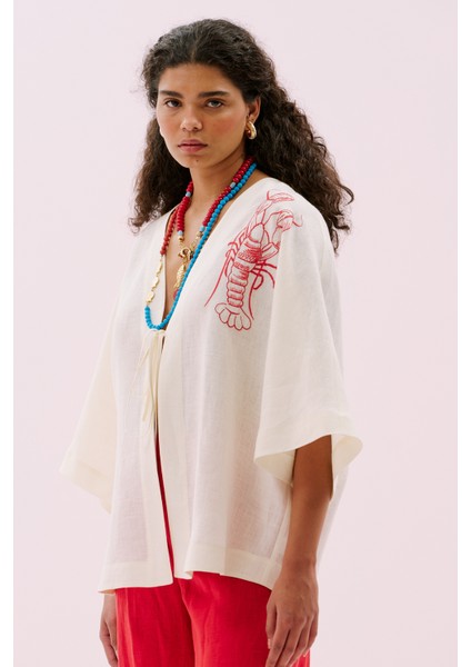 Istakoz Nakışlı Keten Kimono Bej Y2513903_024