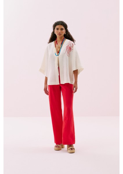 Istakoz Nakışlı Keten Kimono Bej Y2513903_024 fırsatları