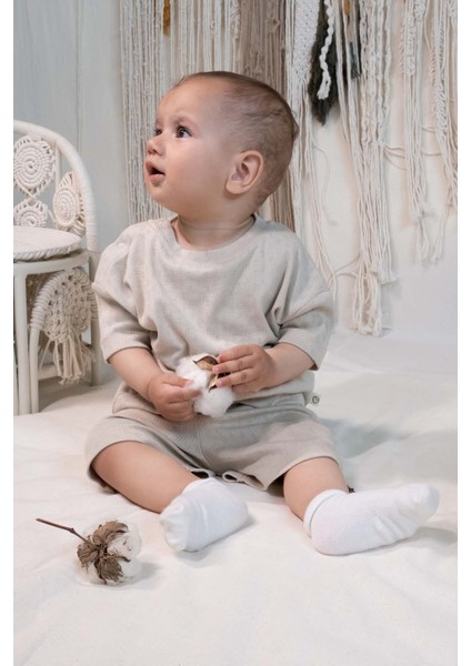 Organik Pamuk Pointel Bebek Bej Şort Takımı