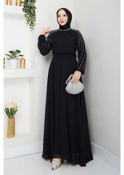 Kadın Kolu Taşlı Astarlı Şifon Elbise -PMK419