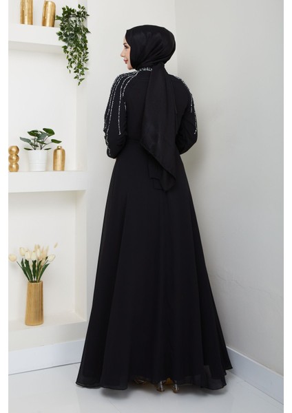 Kadın Kolu Taşlı Astarlı Şifon Elbise -PMK419 fırsatları