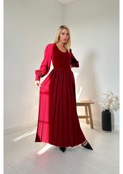 Bordo Bisiklet Yaka Elbise