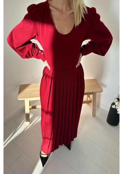 Bordo Bisiklet Yaka Elbise