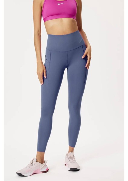 Dri Fit Universa High Rise 7/8 Length Kadın Yüksek Bel Lazer Kesim Toparlayıcı 2 Cepli Tayt Petrol Mavisi