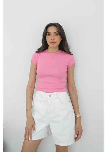 Pembe Pena Bisiklet Yaka Fit Tişört