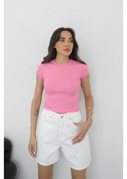 Pembe Pena Bisiklet Yaka Fit Tişört fiyatları