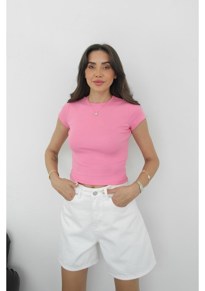 Pembe Pena Bisiklet Yaka Fit Tişört modelleri