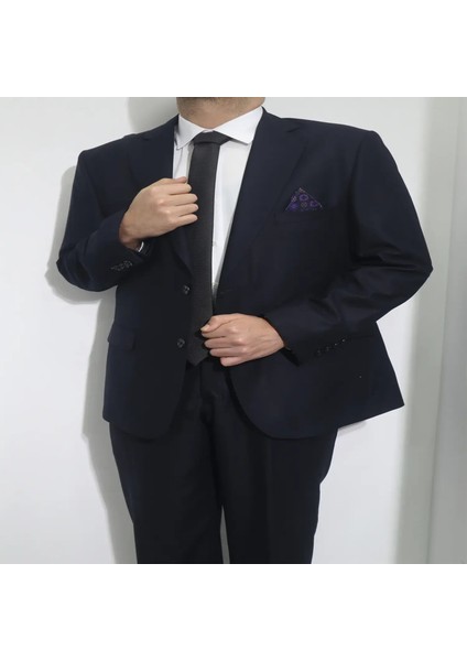 Fistan Store Erkek Lacivert Düz Klasik Kesim Rahat Kalıp Çift Düğmeli 4 Drop Battal Takım Elbise