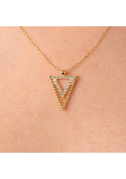 Gümüş Kolye - Üçgen Tasarımı Pırlanta İhtişamı Modern Kolye -925 Ayar Gümüş Kolye-Doğal Taşlı Kolye