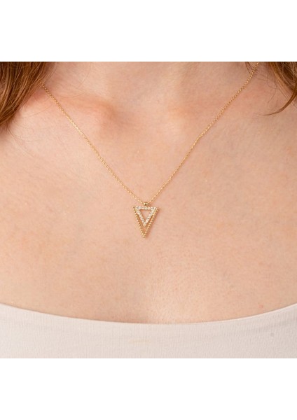 Gümüş Kolye - Üçgen Tasarımı Pırlanta İhtişamı Modern Kolye -925 Ayar Gümüş Kolye-Doğal Taşlı Kolye