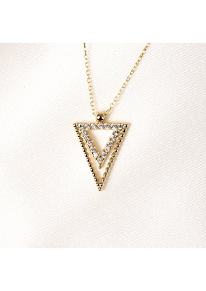 Gümüş Kolye - Üçgen Tasarımı Pırlanta İhtişamı Modern Kolye -925 Ayar Gümüş Kolye-Doğal Taşlı Kolye