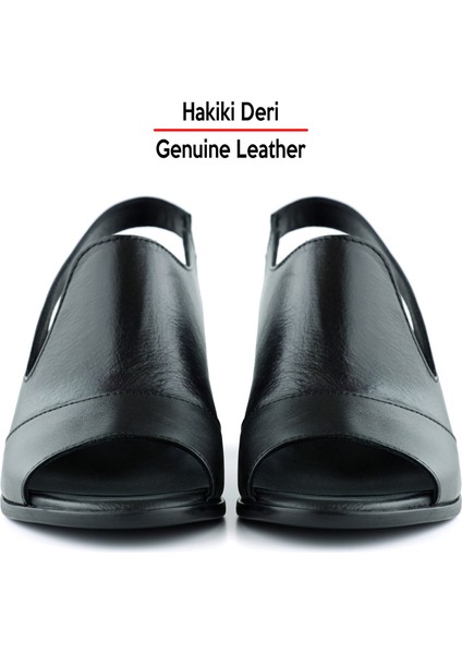 Emilia Siyah Hakiki Deri Arkası Açık Lastik Bantlı Kalın Topuklu Rahat Günlük Sandalet