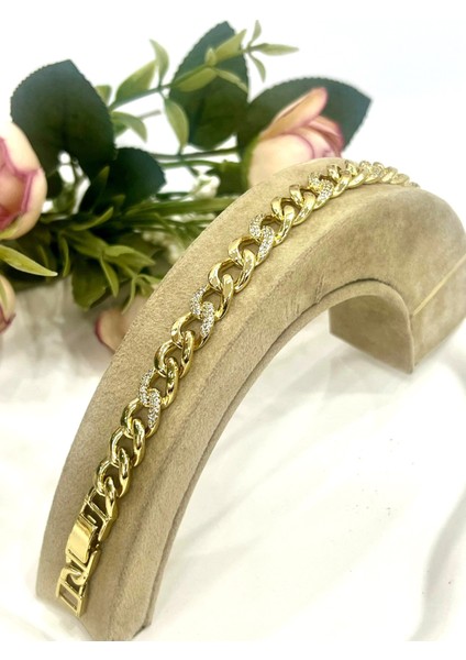 Zirkon Taşlı Gurmet Çelik Bileklik (14K Gold/17+2cm)